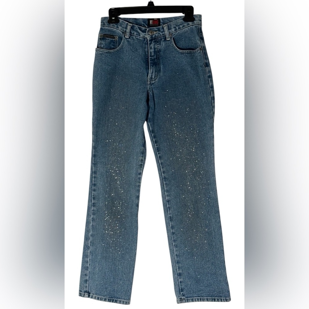 New York &Co.blue Straight Leg Jeans with glitter sparkles, size 4.